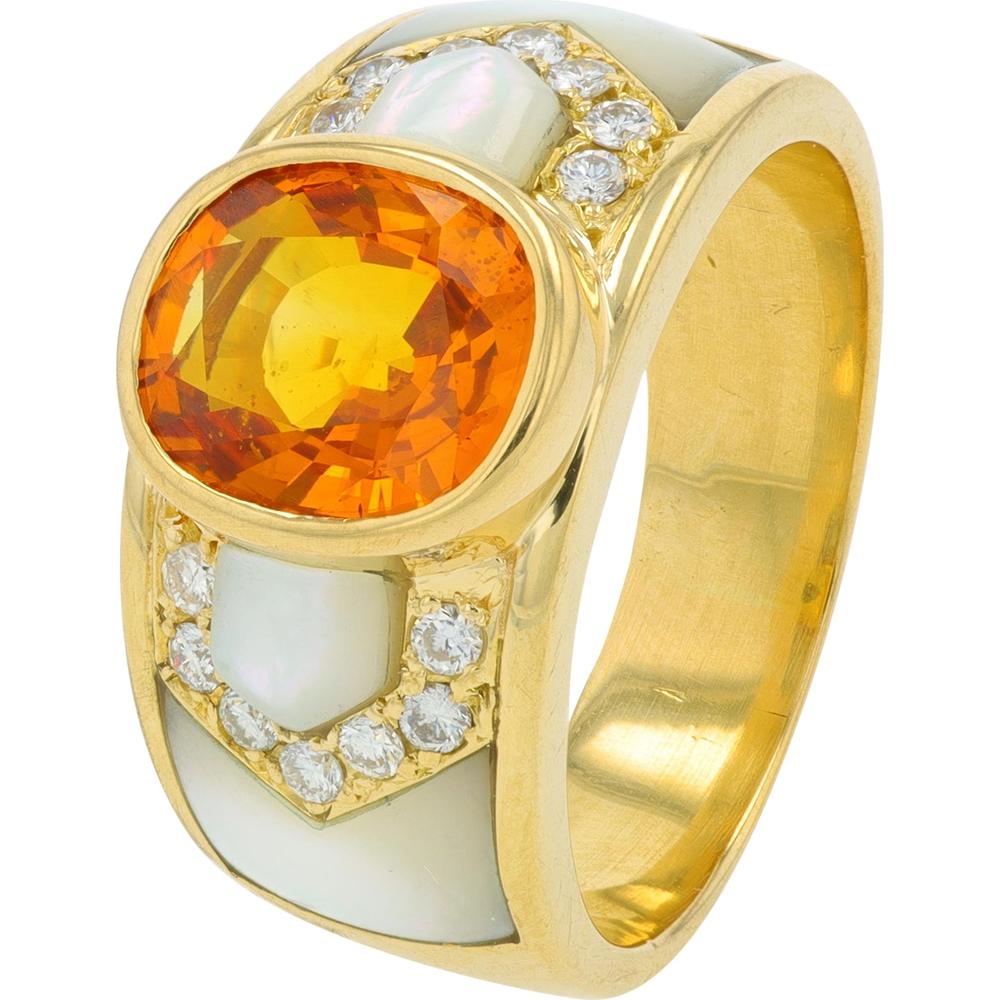 18K Yellow Gold 2.83 Carat Cushion Cut Golden Sapphire & Mother of Pearl Ring with 0.19 Carat Diamond Accents