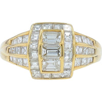 18K Yellow Gold 2 Carat Diamond Cluster Ring with Emerald - Cut and Baguette Diamonds - 2.02 Carat Total Diamond Weight