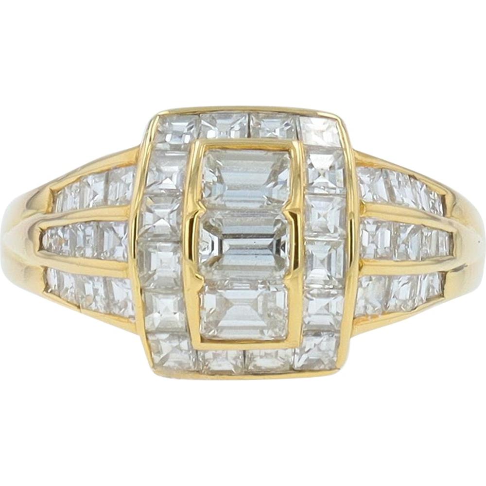 18K Yellow Gold 2 Carat Diamond Cluster Ring with Emerald - Cut and Baguette Diamonds - 2.02 Carat Total Diamond Weight
