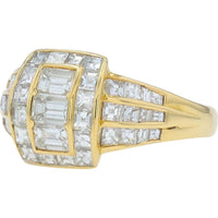 18K Yellow Gold 2 Carat Diamond Cluster Ring with Emerald - Cut and Baguette Diamonds - 2.02 Carat Total Diamond Weight