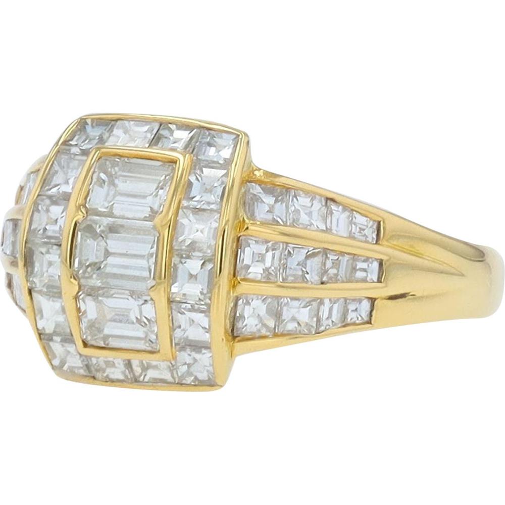 18K Yellow Gold 2 Carat Diamond Cluster Ring with Emerald - Cut and Baguette Diamonds - 2.02 Carat Total Diamond Weight