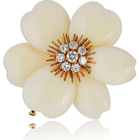 18K Yellow Gold 2-Inch Rose de Noël White Coral and Diamond Brooch by Van Cleef & Arpels