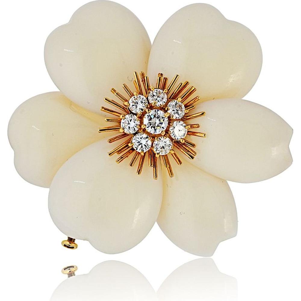 18K Yellow Gold 2-Inch Rose de Noël White Coral and Diamond Brooch by Van Cleef & Arpels