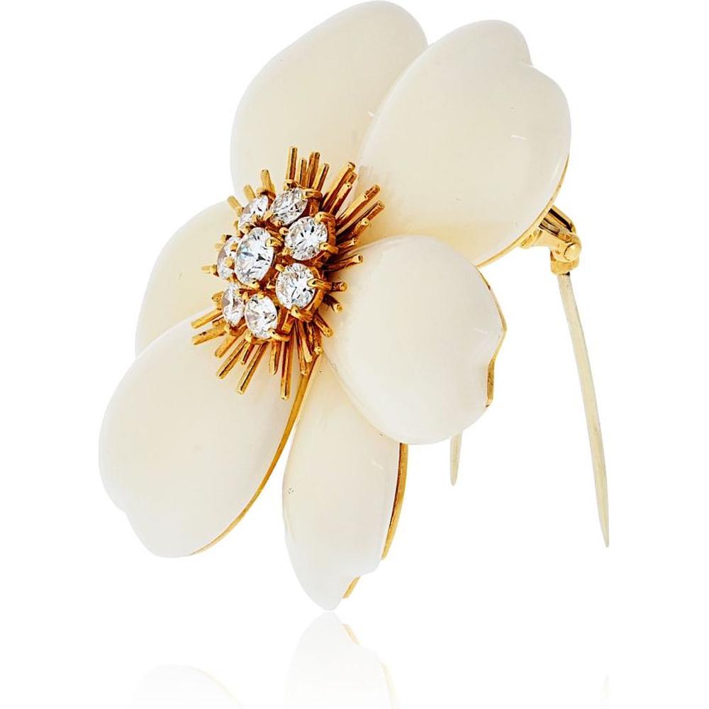 18K Yellow Gold 2-Inch Rose de Noël White Coral and Diamond Brooch by Van Cleef & Arpels