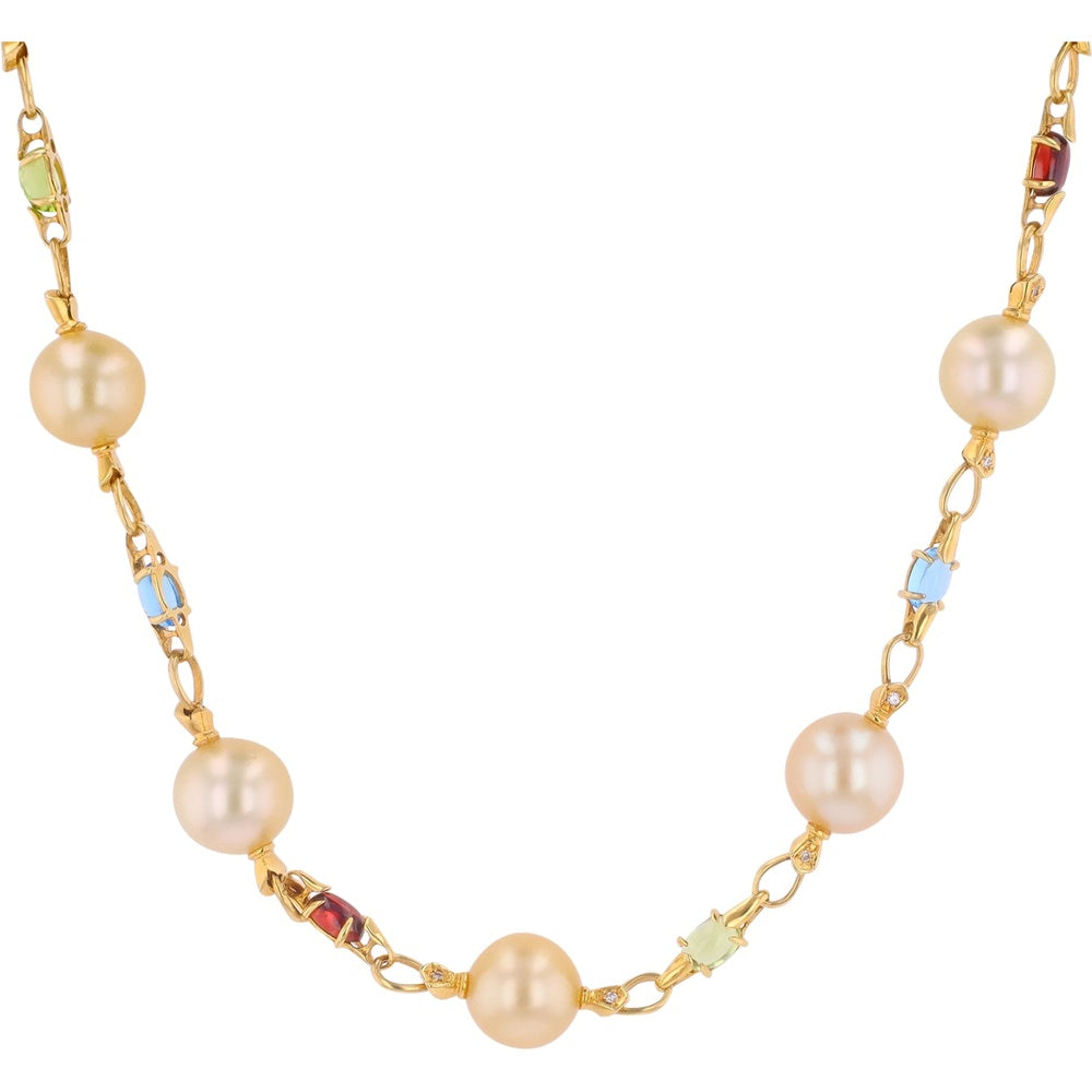 18K Yellow Gold 21-Inch Station Necklace with 10.8mm Pearls and Multi-Colored Gemstones - 0.14 Carat Total Diamond Weight