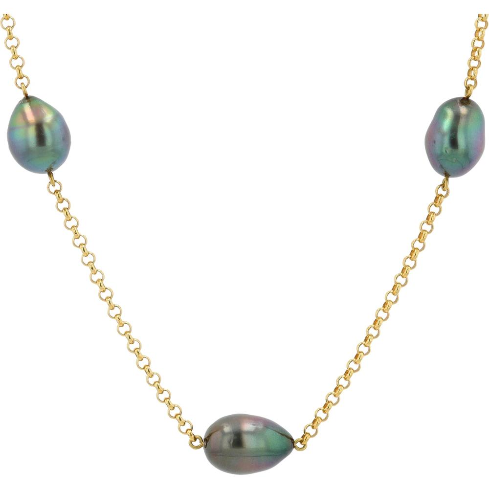 18K Yellow Gold 23.25" Station Necklace with 9.8mm Tahitian Pearls