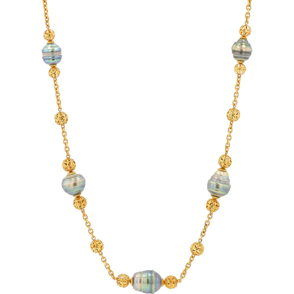 18K Yellow Gold 24-Inch Station Necklace with Unique Multi-Tone Tahitian Pearls and Filigree Gold Beads