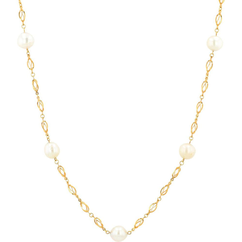 18K Yellow Gold 24" Pearl Necklace with 9-10mm Pearls