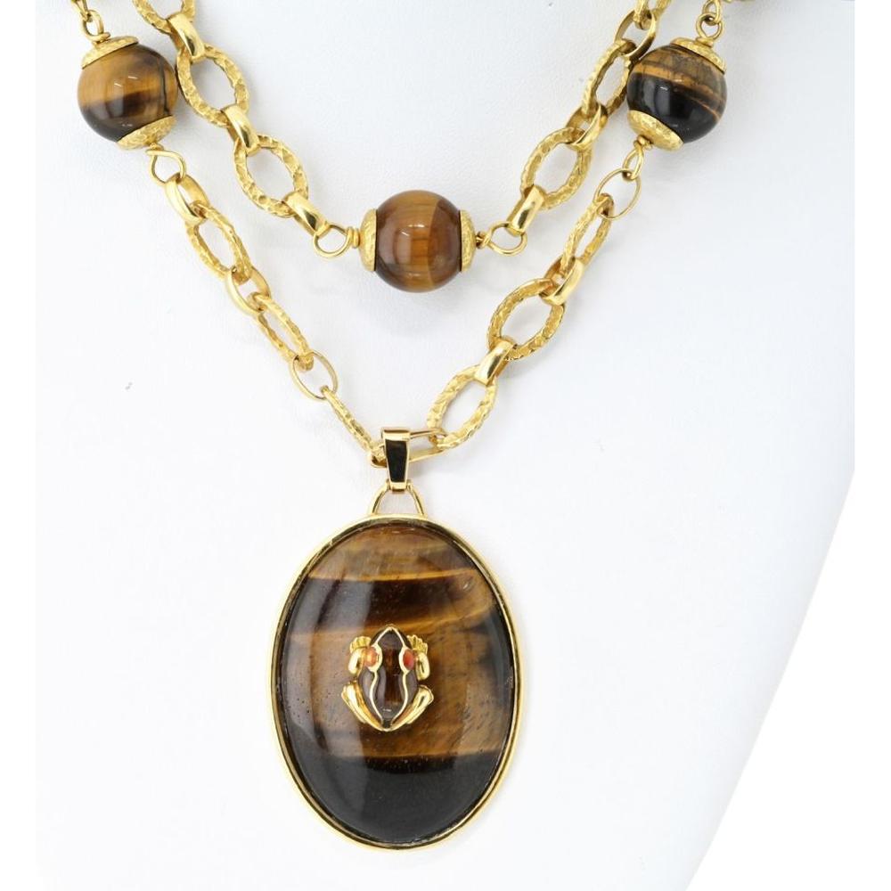 18K Yellow Gold 27-Inch Tiger's Eye Bead Necklace with Oval Pendant and Miniature Frog by David Webb
