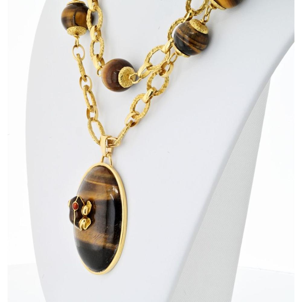 18K Yellow Gold 27-Inch Tiger's Eye Bead Necklace with Oval Pendant and Miniature Frog by David Webb