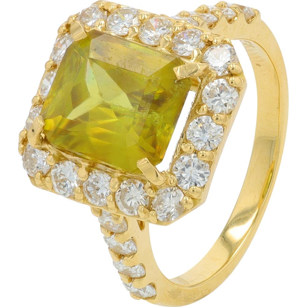 18K Yellow Gold 3.32 Carat Emerald Cut Sphene Ring with 1.18 Carats Round Diamond Halo