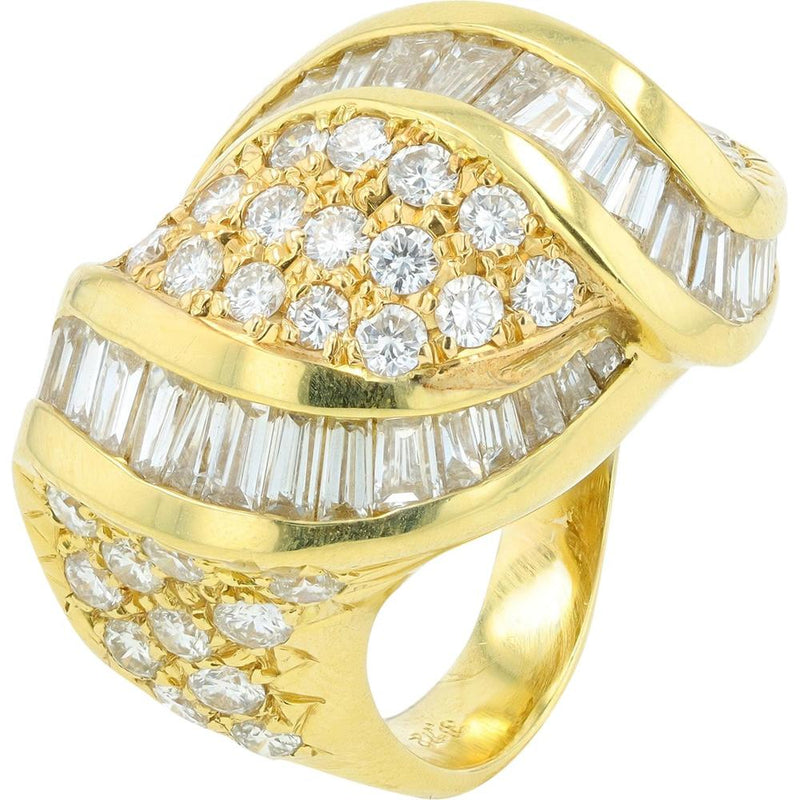 18K Yellow Gold 3.72 Total Carats Weight Diamond Wave Ring with Round and Baguette Diamonds