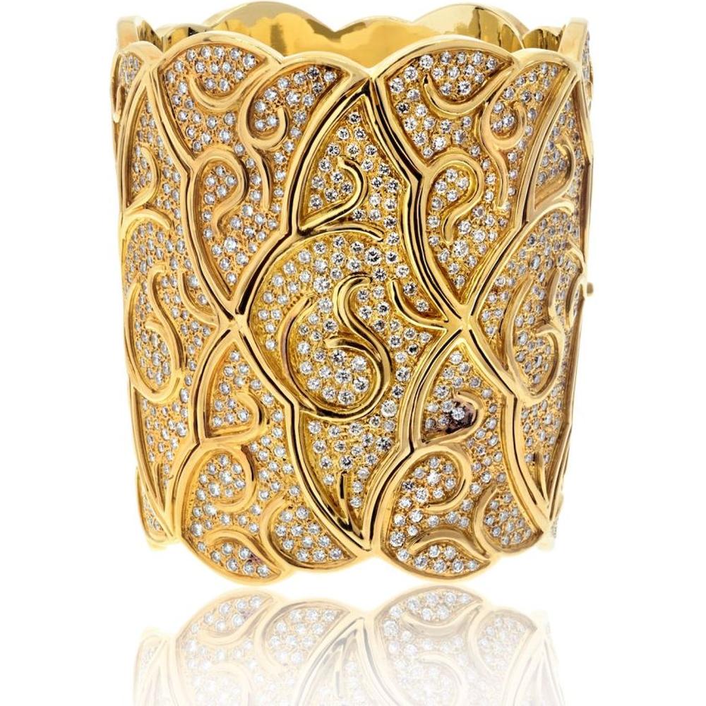 18K Yellow Gold 3-Inch Wide Scroll Pattern Cuff Bracelet with 38.00 Carats Round-Cut Diamonds