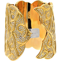 18K Yellow Gold 3-Inch Wide Scroll Pattern Cuff Bracelet with 38.00 Carats Round-Cut Diamonds