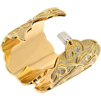 18K Yellow Gold 3-Inch Wide Scroll Pattern Cuff Bracelet with 38.00 Carats Round-Cut Diamonds