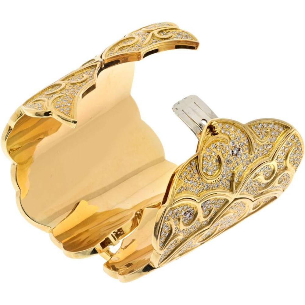 18K Yellow Gold 3-Inch Wide Scroll Pattern Cuff Bracelet with 38.00 Carats Round-Cut Diamonds