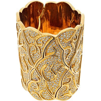 18K Yellow Gold 3-Inch Wide Scroll Pattern Cuff Bracelet with 38.00 Carats Round-Cut Diamonds