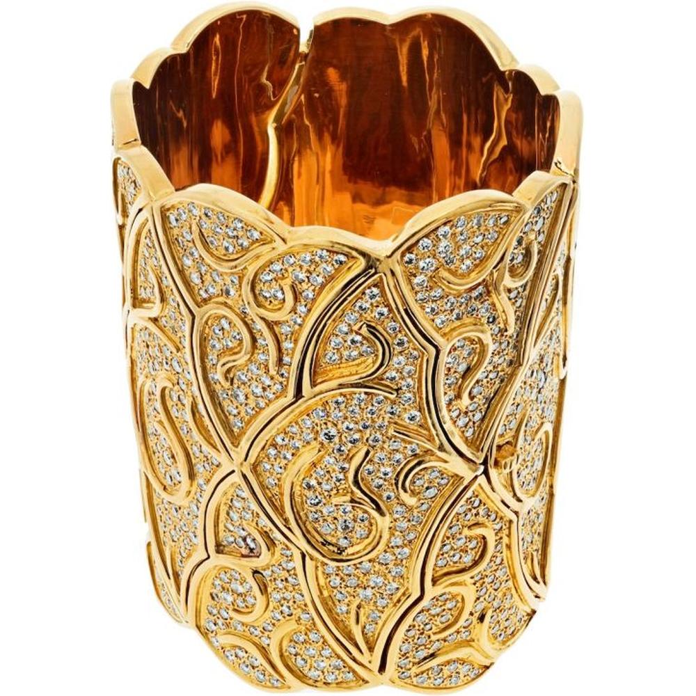 18K Yellow Gold 3-Inch Wide Scroll Pattern Cuff Bracelet with 38.00 Carats Round-Cut Diamonds