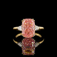 18K Yellow Gold 3-Stone Ring with Cushion Modified Cut Fancy Vivid Pink Lab Diamond and Pear Shape Diamonds - 4.44 Carats Total Diamond Weight - Covaloro Fine Jewelry