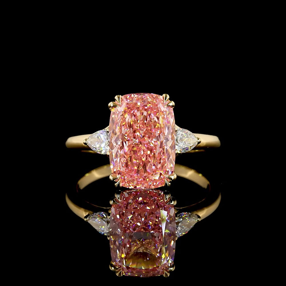 18K Yellow Gold 3-Stone Ring with Cushion Modified Cut Fancy Vivid Pink Lab Diamond and Pear Shape Diamonds - 4.44 Carats Total Diamond Weight - Covaloro Fine Jewelry