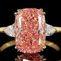 18K Yellow Gold 3-Stone Ring with Cushion Modified Cut Fancy Vivid Pink Lab Diamond and Pear Shape Diamonds - 4.44 Carats Total Diamond Weight - Covaloro Fine Jewelry