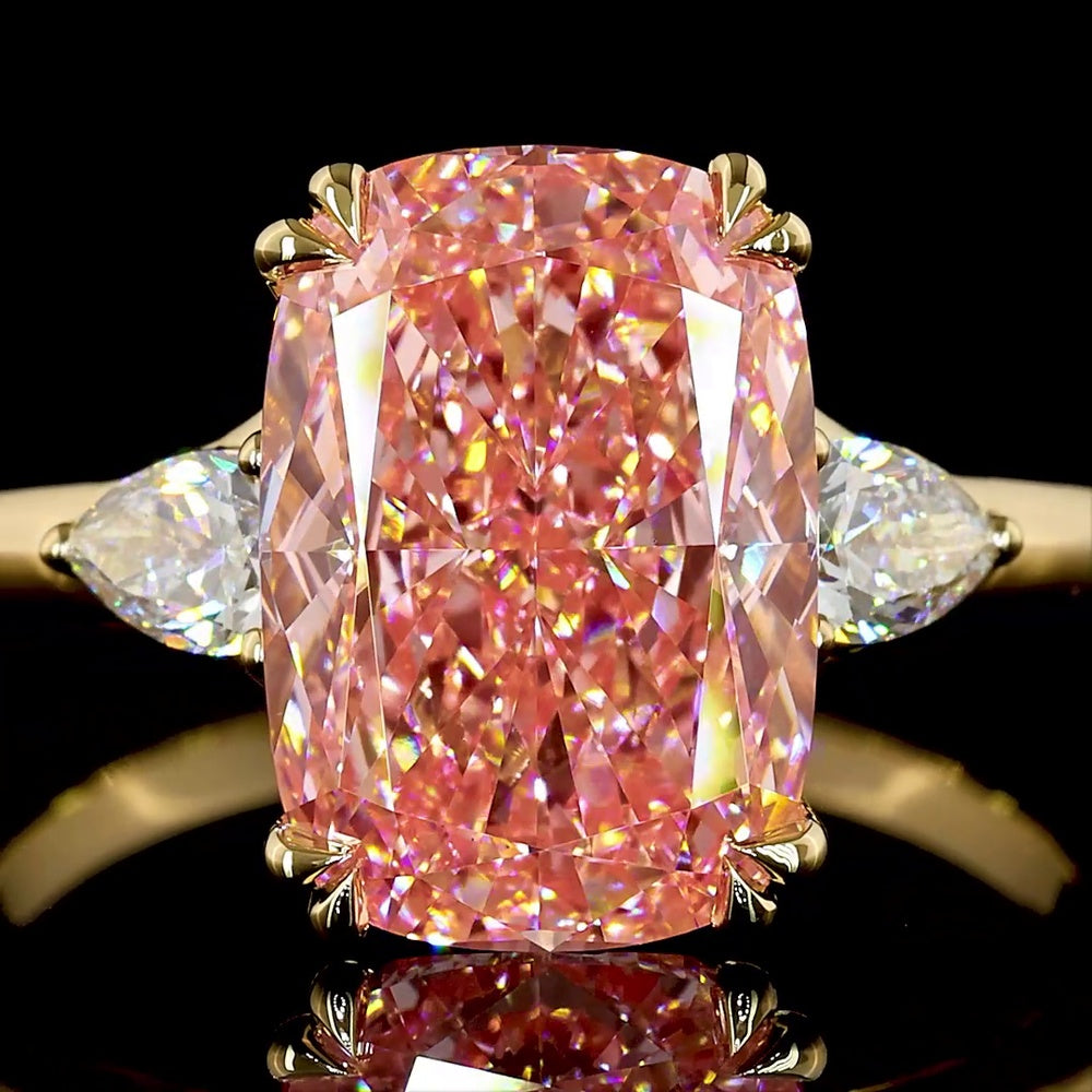 18K Yellow Gold 3-Stone Ring with Cushion Modified Cut Fancy Vivid Pink Lab Diamond and Pear Shape Diamonds - 4.44 Carats Total Diamond Weight - Covaloro Fine Jewelry