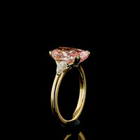 18K Yellow Gold 3-Stone Ring with Cushion Modified Cut Fancy Vivid Pink Lab Diamond and Pear Shape Diamonds - 4.44 Carats Total Diamond Weight - Covaloro Fine Jewelry
