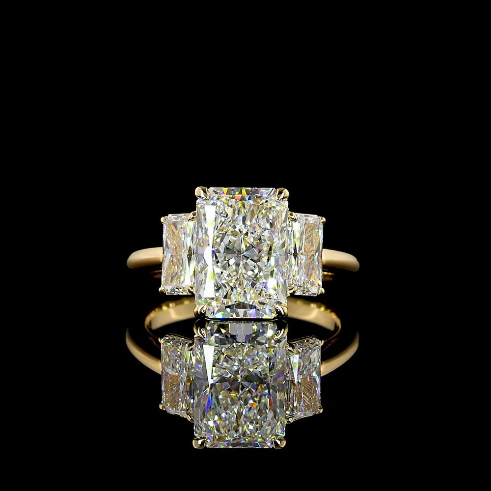 18K Yellow Gold 3 Stone Ring with North-South Radiant Cut Lab Diamonds - 3.34 Carats Total Diamond Weight - Covaloro Fine Jewelry