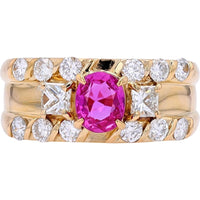 18K Yellow Gold 3-Stone Ring with Oval Pink Sapphire and Princess-Cut Diamond Accents - 0.70 Carat Sapphire and 0.94 Carat Total Diamond Weight