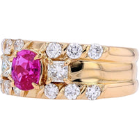 18K Yellow Gold 3-Stone Ring with Oval Pink Sapphire and Princess-Cut Diamond Accents - 0.70 Carat Sapphire and 0.94 Carat Total Diamond Weight