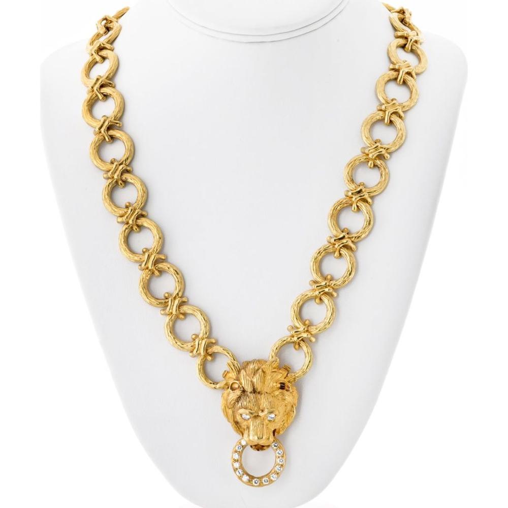 18K Yellow Gold 30-Inch Convertible Lion Motif Necklace with 1.00 Carats Diamond Ring Pendant by Van Cleef & Arpels