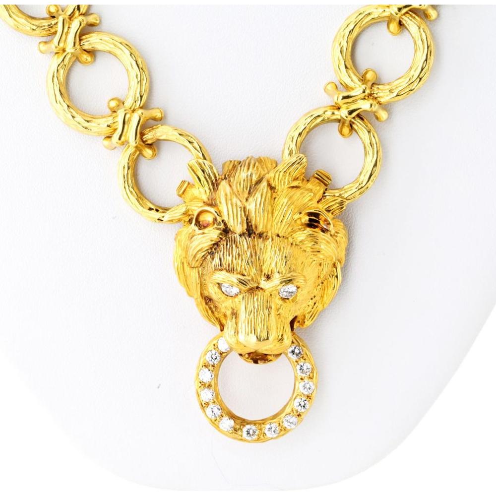 18K Yellow Gold 30-Inch Convertible Lion Motif Necklace with 1.00 Carats Diamond Ring Pendant by Van Cleef & Arpels