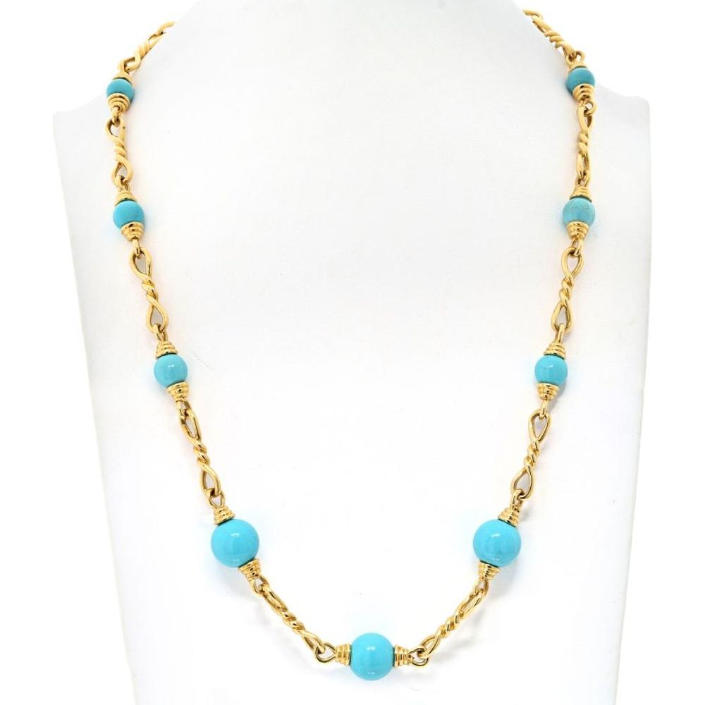 18K Yellow Gold 30-Inch Turquoise Bead and Link Chain Necklace by David Webb