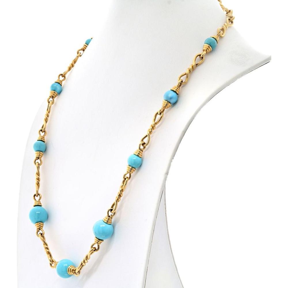 18K Yellow Gold 30-Inch Turquoise Bead and Link Chain Necklace by David Webb