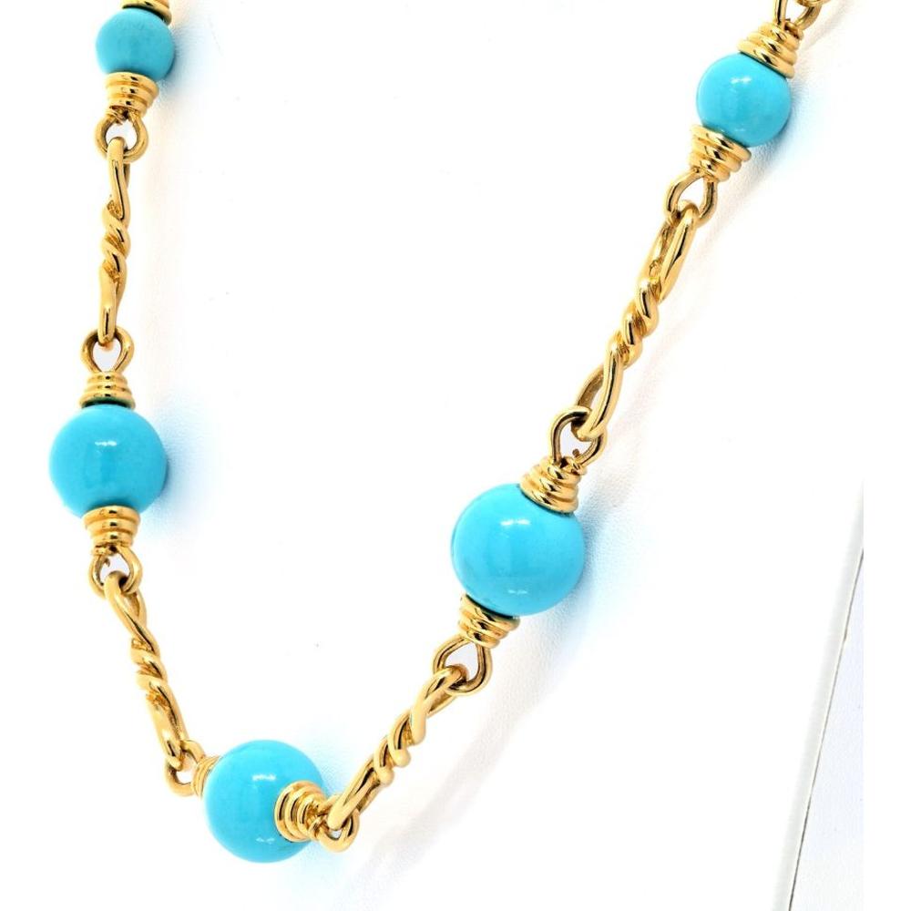 18K Yellow Gold 30-Inch Turquoise Bead and Link Chain Necklace by David Webb