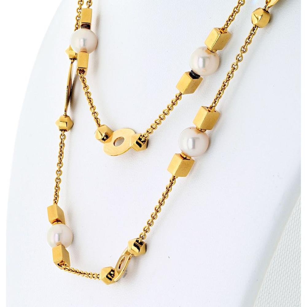18K Yellow Gold 33-Inch Bvlgari Lycea Station Necklace with Cultured Pearls