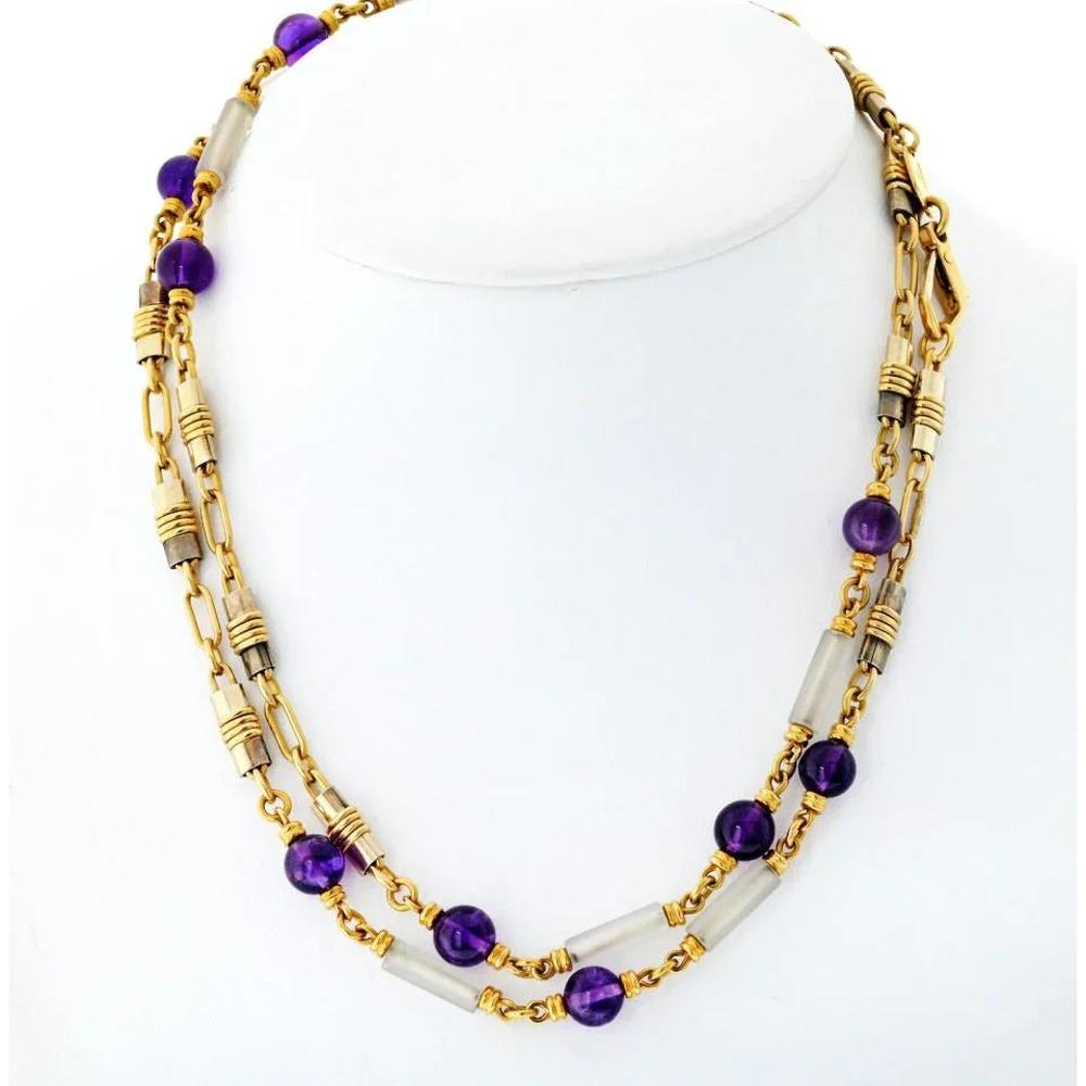 18K Yellow Gold 34.5" Bvlgari Necklace with Amethyst and Rock Crystal Beads