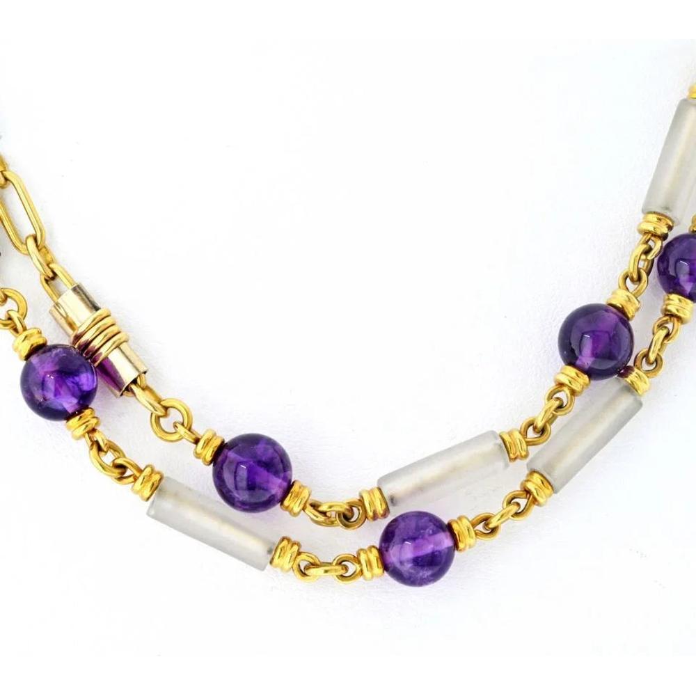 18K Yellow Gold 34.5" Bvlgari Necklace with Amethyst and Rock Crystal Beads