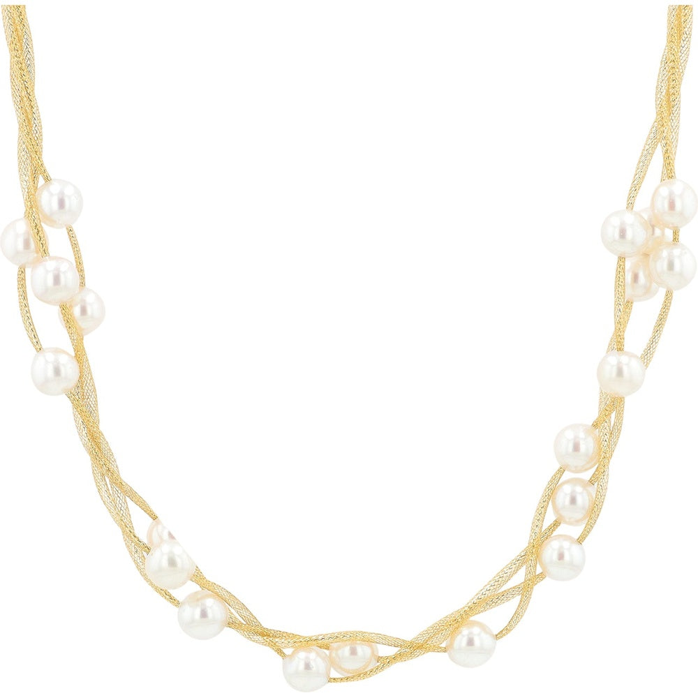 18K Yellow Gold 34-Inch Multi-Strand Woven Mesh Necklace with Station-Set 8-8.5mm Round White Pearls