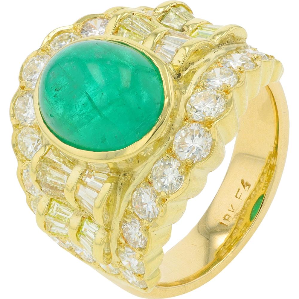 18K Yellow Gold 4.46 Carat Emerald Ring with 2.66 Carat Total Diamond Accents