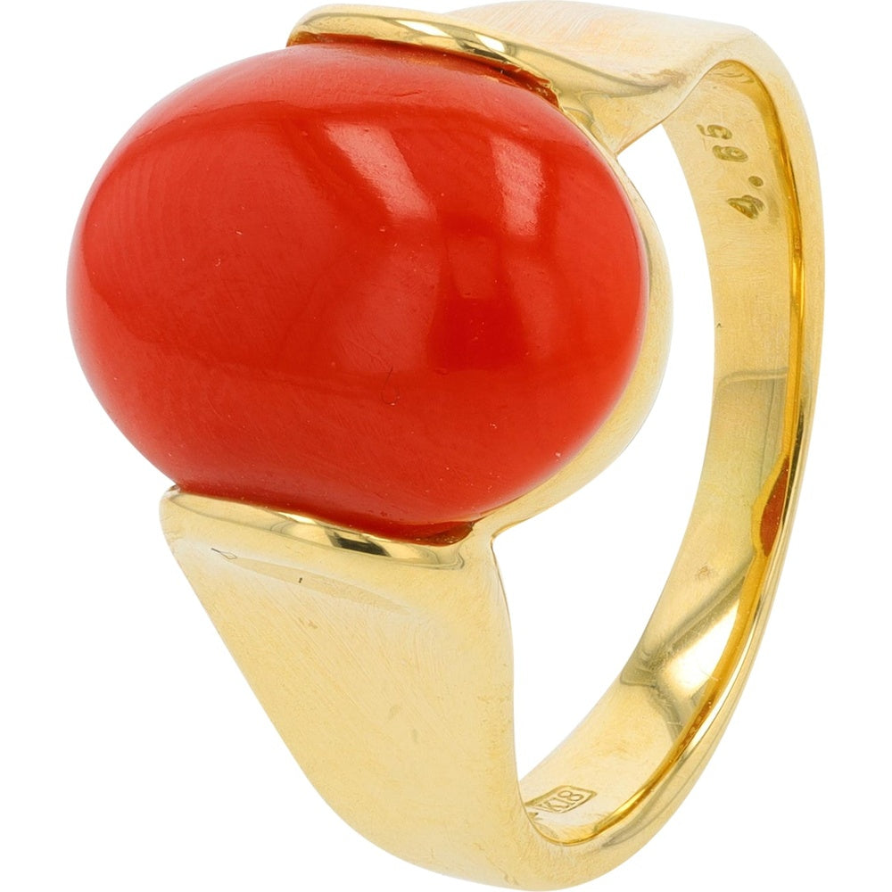 18K Yellow Gold 4.65 Carat Oval Cabochon Coral Statement Ring