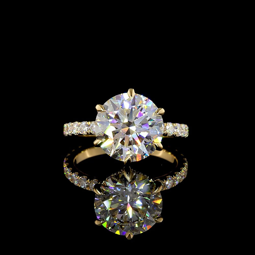 18K Yellow Gold 4.94 Carats Round Brilliant Solitaire Engagement Ring with Pave Diamond Shank and Hidden Accents - Lab Grown F VVS2 Center - Covaloro Fine Jewelry