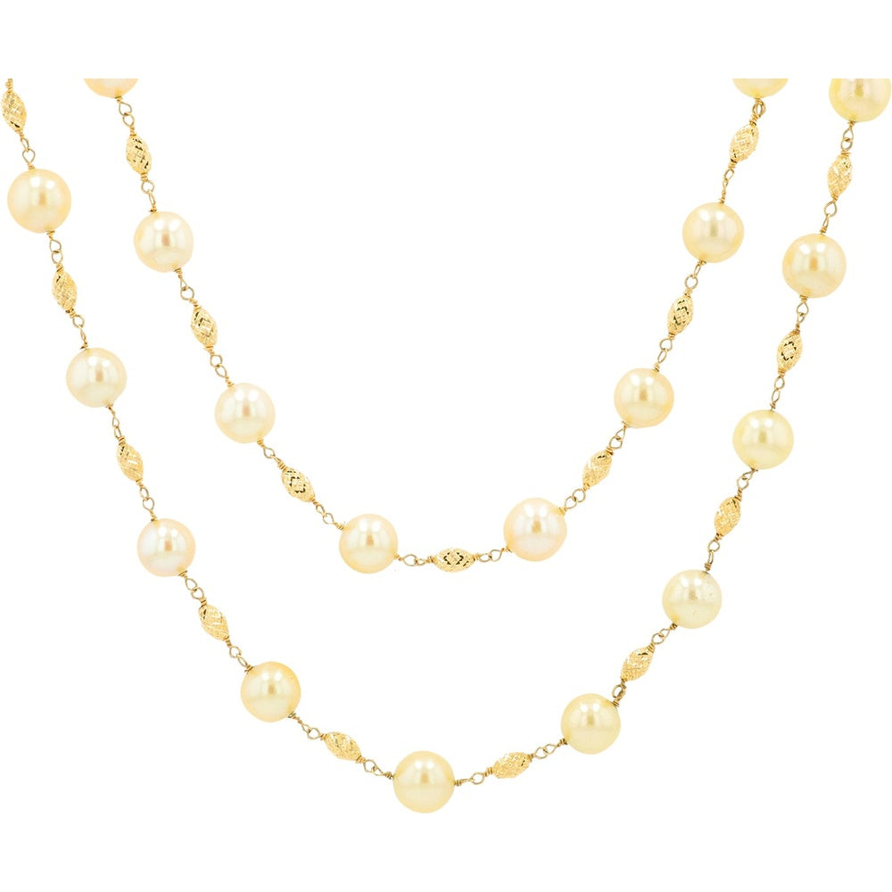 18K Yellow Gold 46-Inch Station Necklace with 6.5 mm Lustrous Pearls and Textured Gold Accents