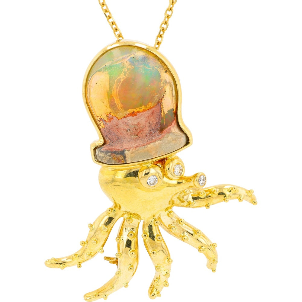 18K Yellow Gold 5.62 Carat Black Opal Squid Pendant with Diamond Accented Eyes and Adjustable 20-23 Inch Chain