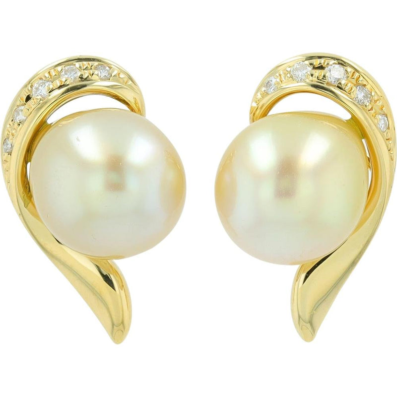 18K Yellow Gold 6.7 MM Pearl Stud Earrings with 0.05 Carat Diamond 
