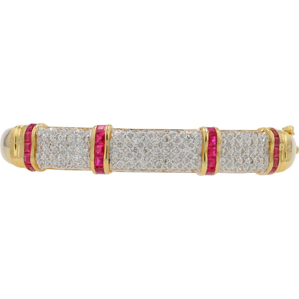 18K Yellow Gold 7.5" Ruby and Diamond Bangle Bracelet - 2.00 Carats Ruby and 1.08 Carats Diamond Total Weight