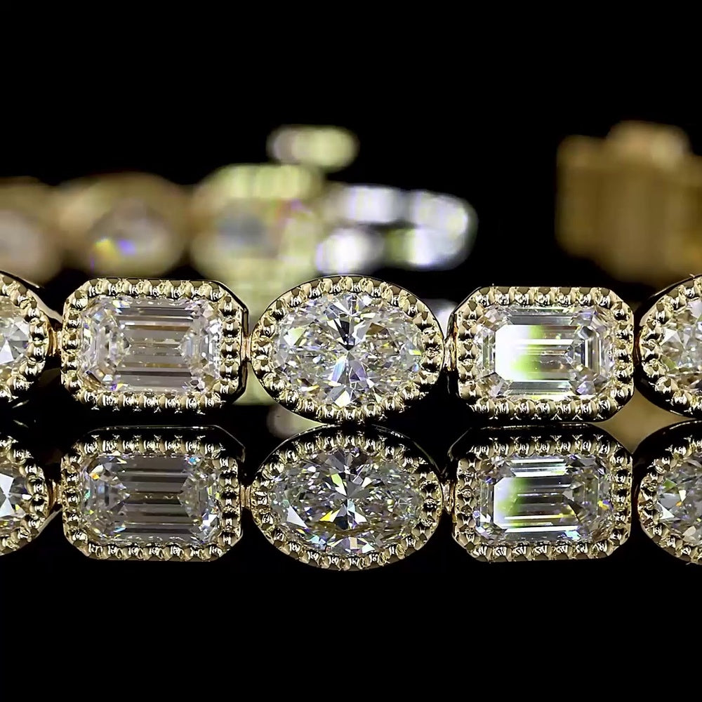 18K Yellow Gold 7.52 Carat East-West Tennis Bracelet with Alternating Emerald and Oval Cut Lab Diamonds in Bezel Settings - Covaloro Fine Jewelry