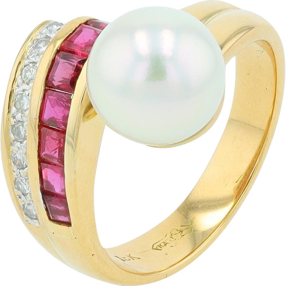 18K Yellow Gold 8.5mm Pearl Center Ring with Ruby and Diamond Accents - 0.68 Carat Ruby, 0.12 Carat Diamond Total Weight