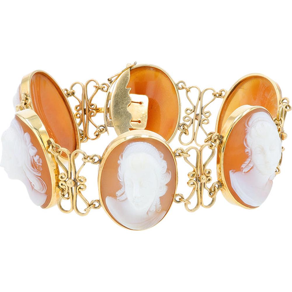 18K Yellow Gold 8" Vintage Hand - Carved Cameo Bracelet - Circa 1900