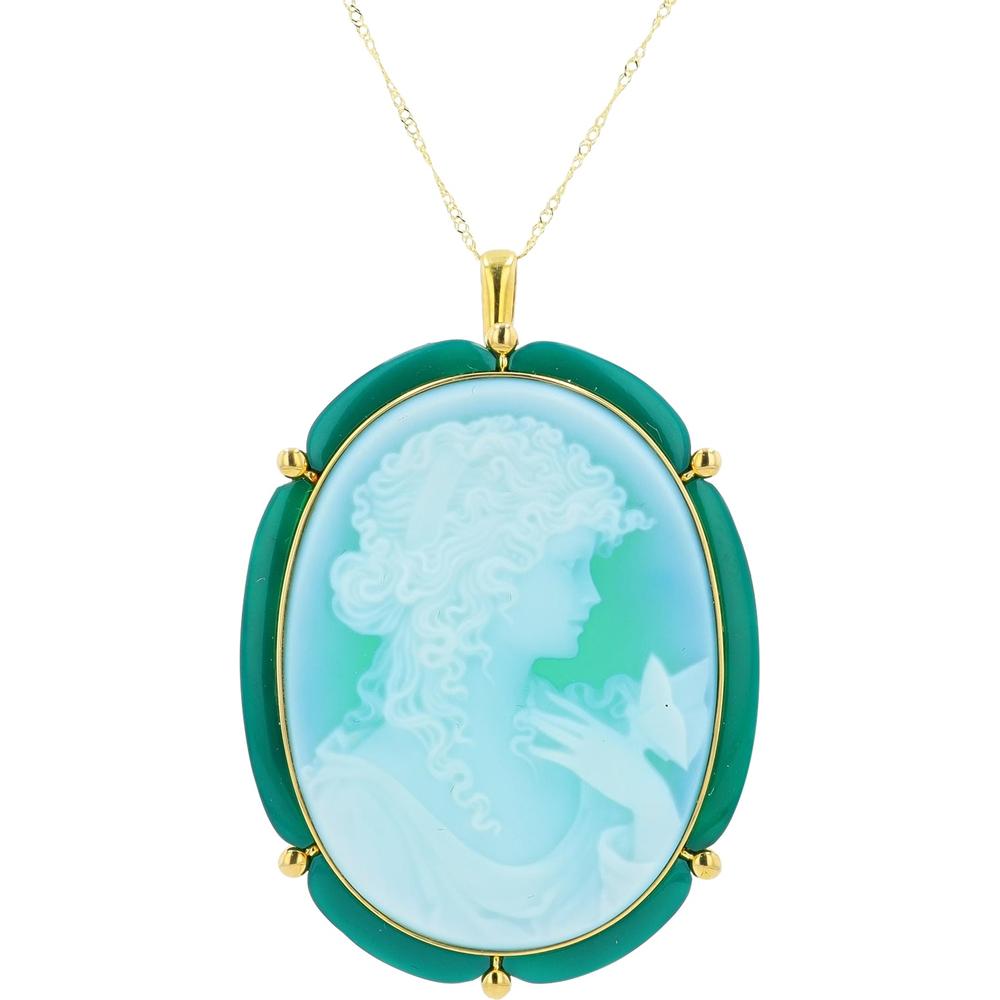 18K Yellow Gold Agate & Jade Cameo Brooch with Vintage Carved Woman Design